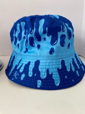 Three new MLB KC Royals White Bucket Hats with Blue Logo. Reversible. Coca-cola
